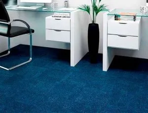 Escritório limpo com carpetes azuis e móveis brancos