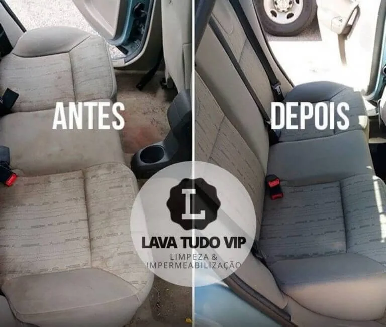 Antes e depois da limpeza do interior de um veículo, destacando a diferença na aparência dos bancos.