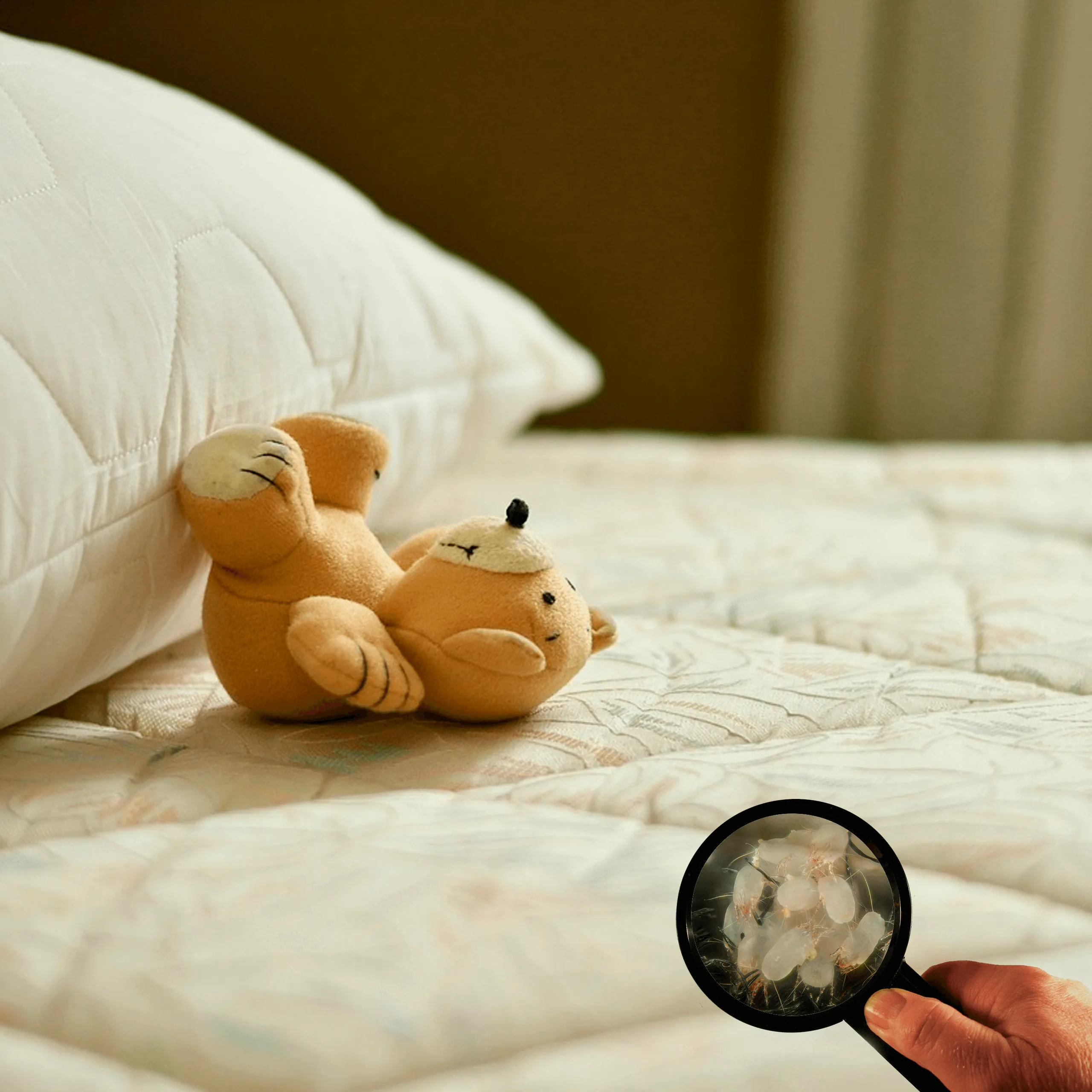 Pillow e bichinho de pelúcia com aumento de ácaros sobre o colchão.