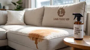 Sofá com mancha e spray para remover cheiro de xixi em ambiente iluminado.