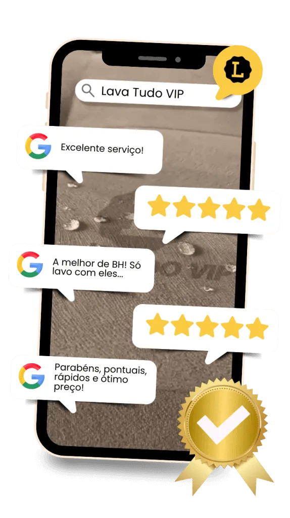 Avaliações positivas do Lava Tudo VIP em smartphone com estrelas e mensagens de feedback.
