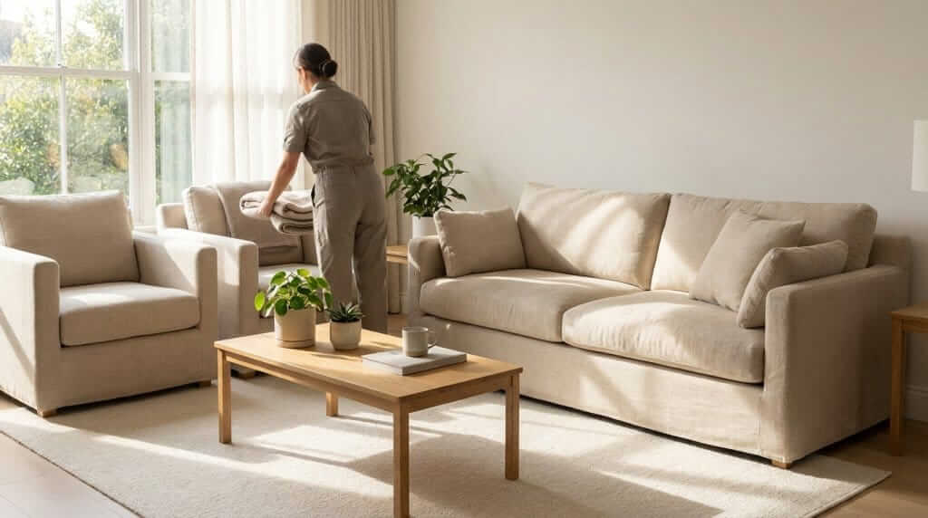 Profissional arrumando estofados limpos em ambiente agradável.