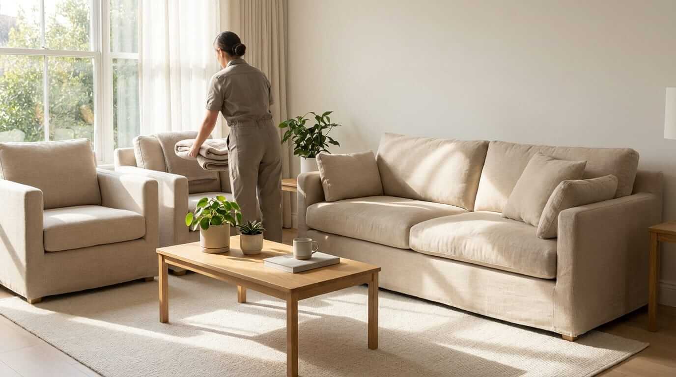 Profissional arrumando estofados limpos em ambiente agradável.