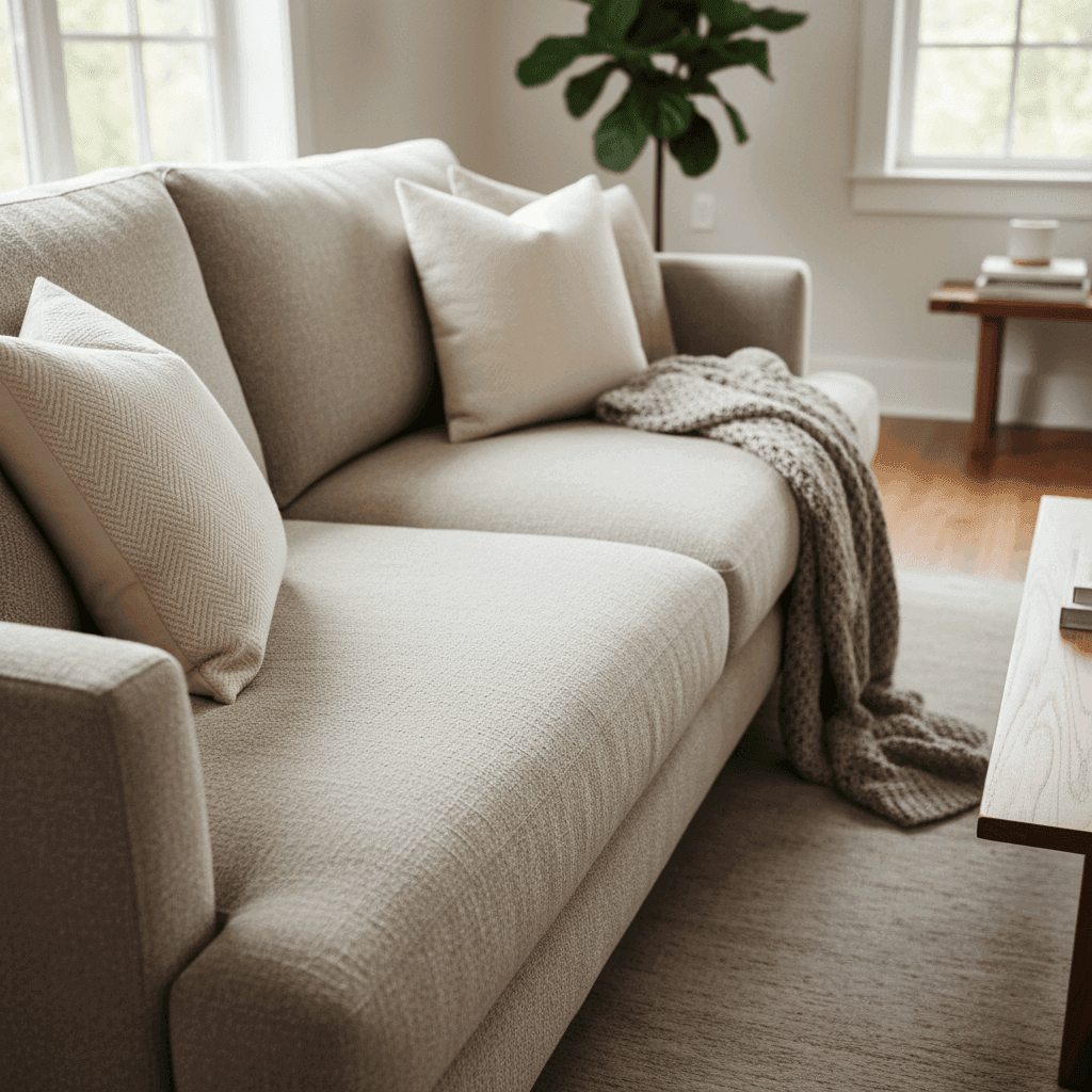 Sofá recém-limpo, com aparência fresca e aconchegante.