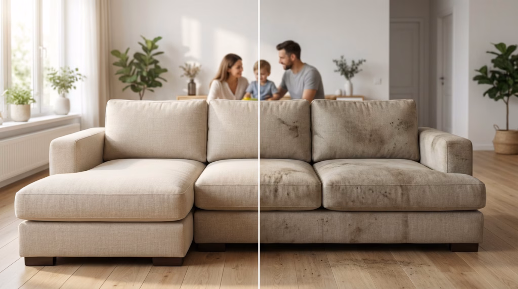 Sofá limpo vs sujo com Lava Tudo VIP