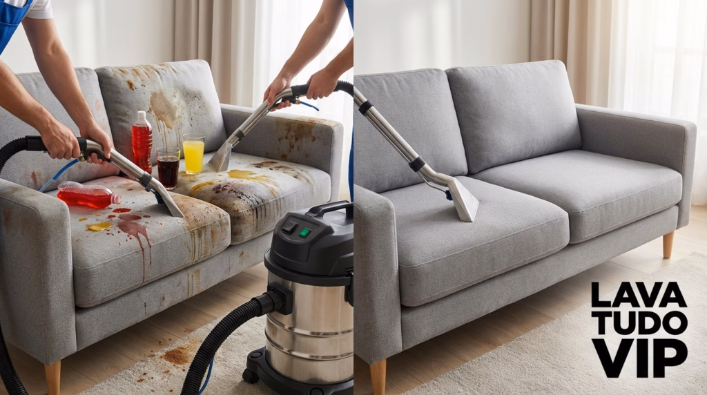 Sofá com manchas de bebida protegido pela Lava Tudo VIP