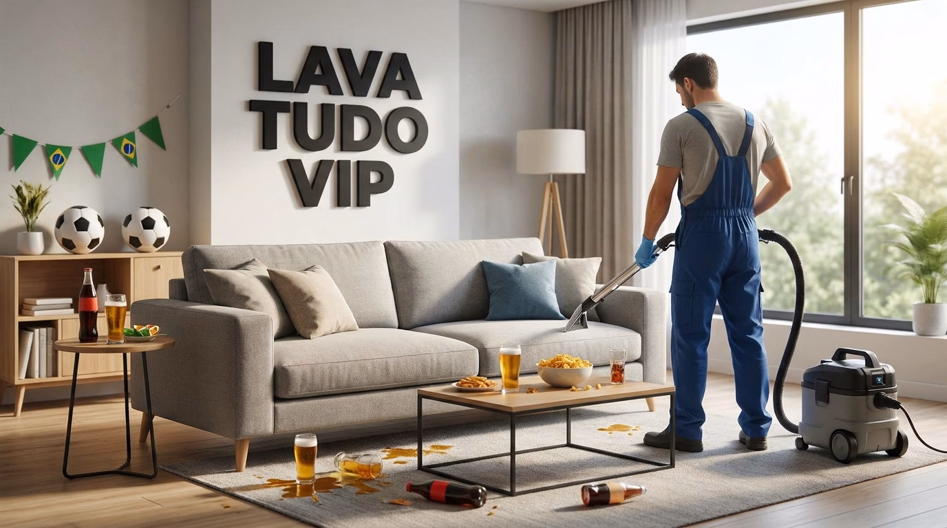 Sofá protegido por impermeabilização Lava Tudo VIP durante as festas da Copa