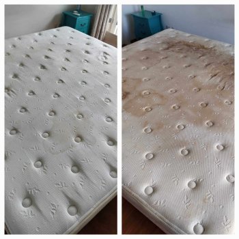 Comparação de colchão limpo e sujo, mostrando os resultados da limpeza.