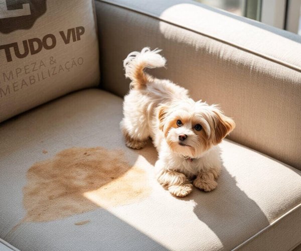Cachorro em sofá com mancha de urina, pronto para limpeza.